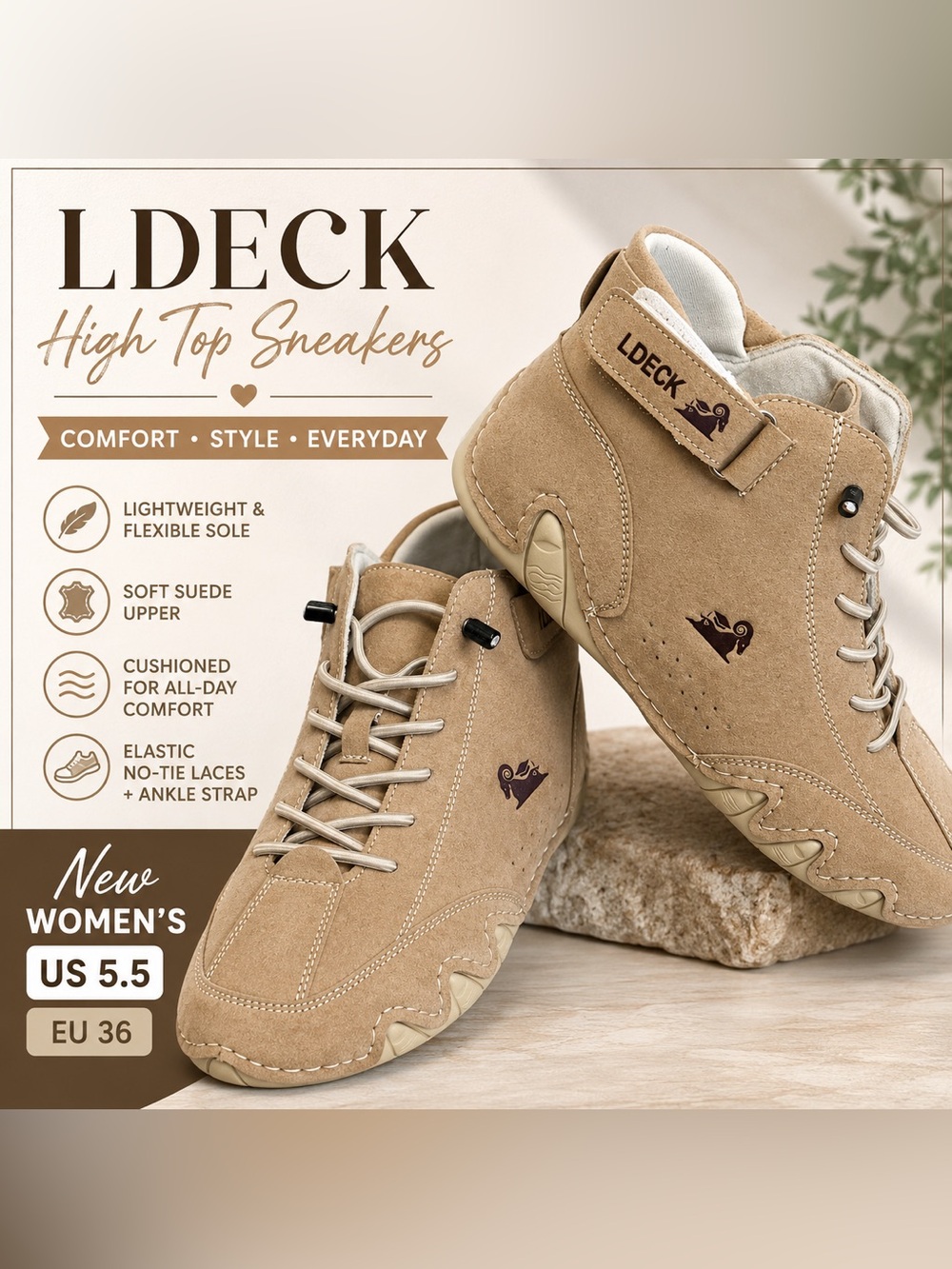 New LDECK Tan Suede High Top Comfort Sneakers US 5.5 EU 36 Casual‎ Walking Shoes